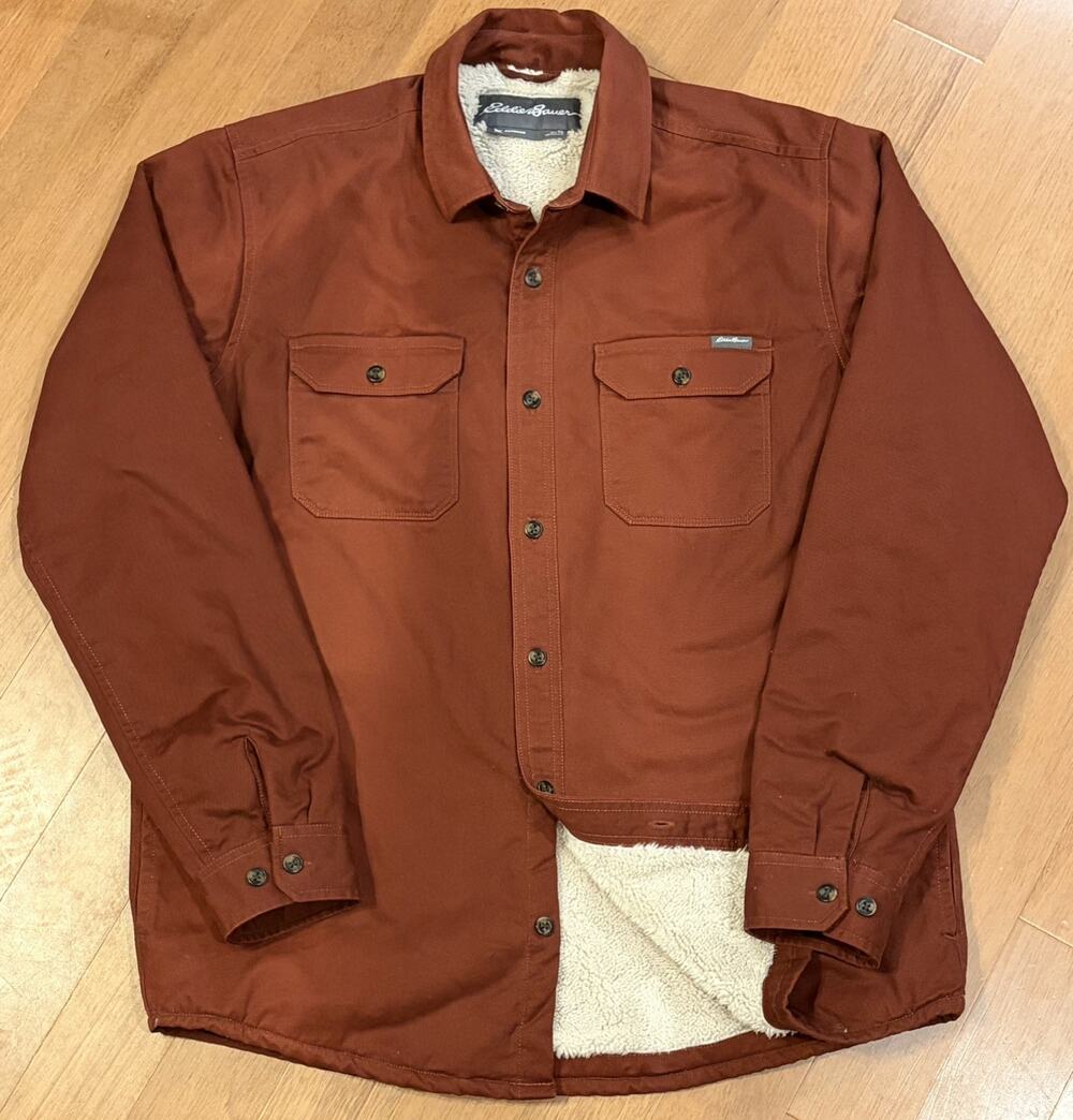 Eddie Bauer Mens Large Tall LT Sherpa Lined Shirt Jacket Rust Cotton Workwear
